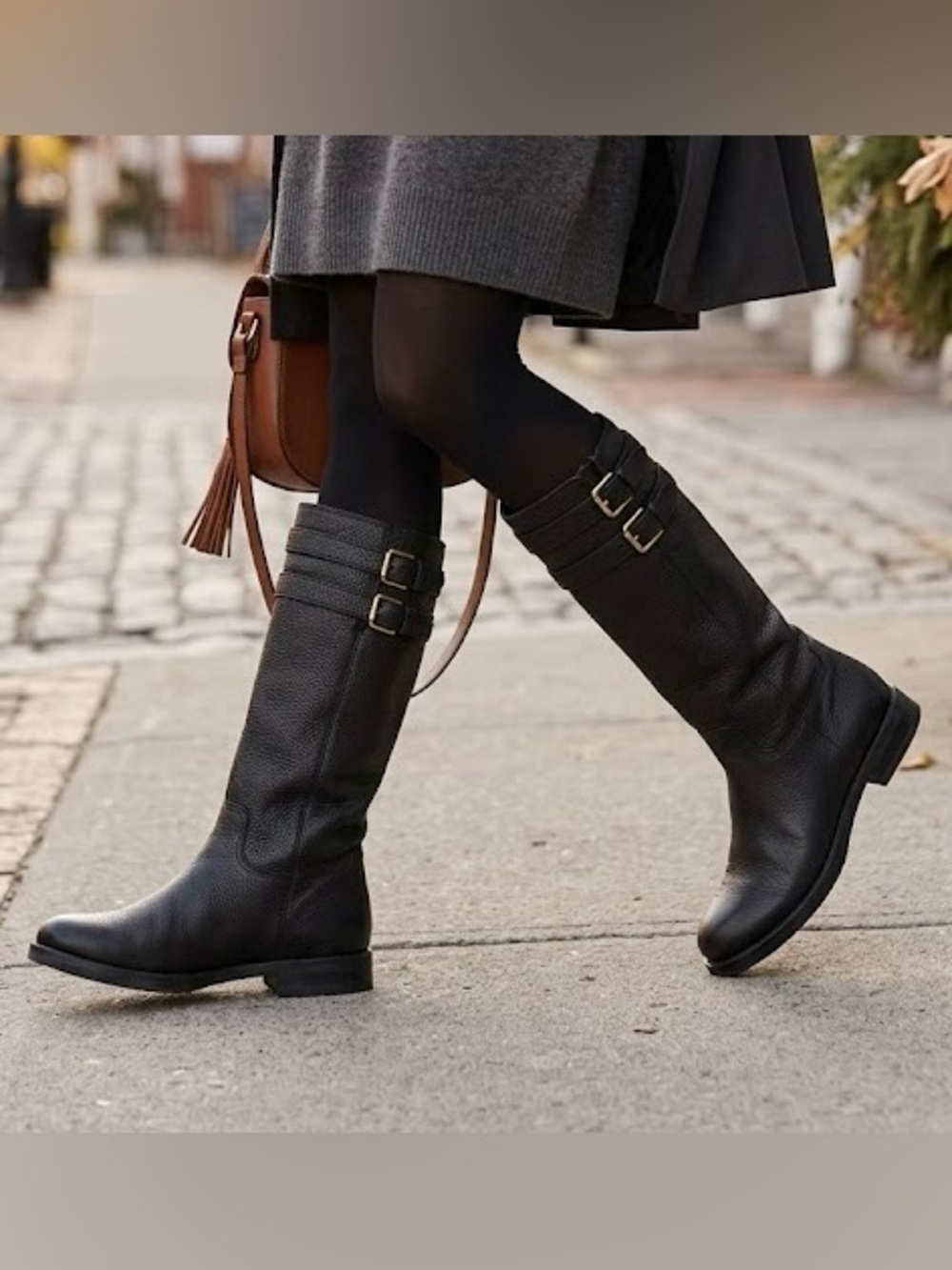 Franco Sarto Black Pebble Leather Knee High Riding Boots Buckle Size 6